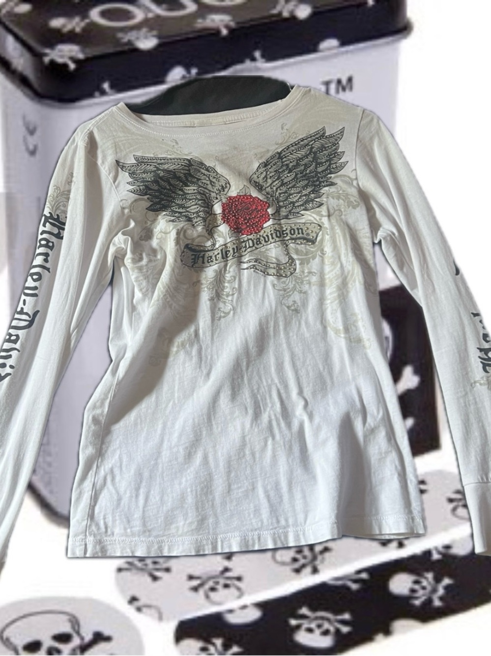 Harley-Davidson Girls' White Long-Sleeve Graphic Tee - Winged Rose Medium